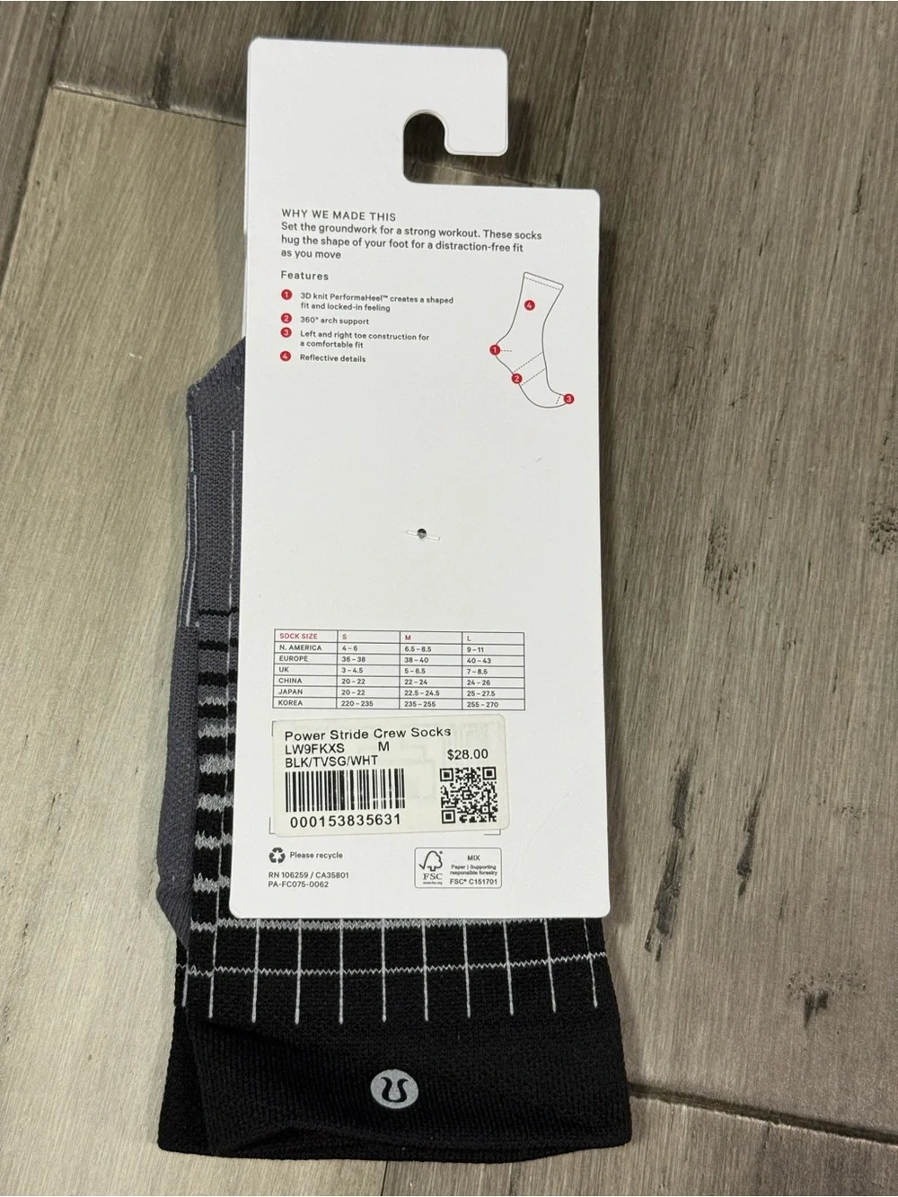 237: Lululemon Power Stride Socks Black Gray White Women: 6.5-8.5 Medium